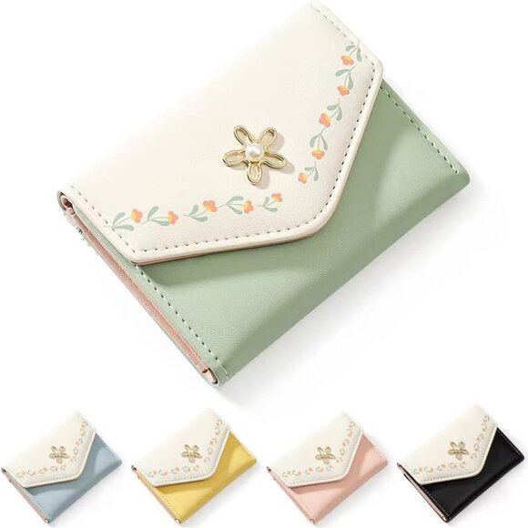 Accessories - Girls Floral Print PU Leather Wallet Small Tri-fold Card Holder Purse